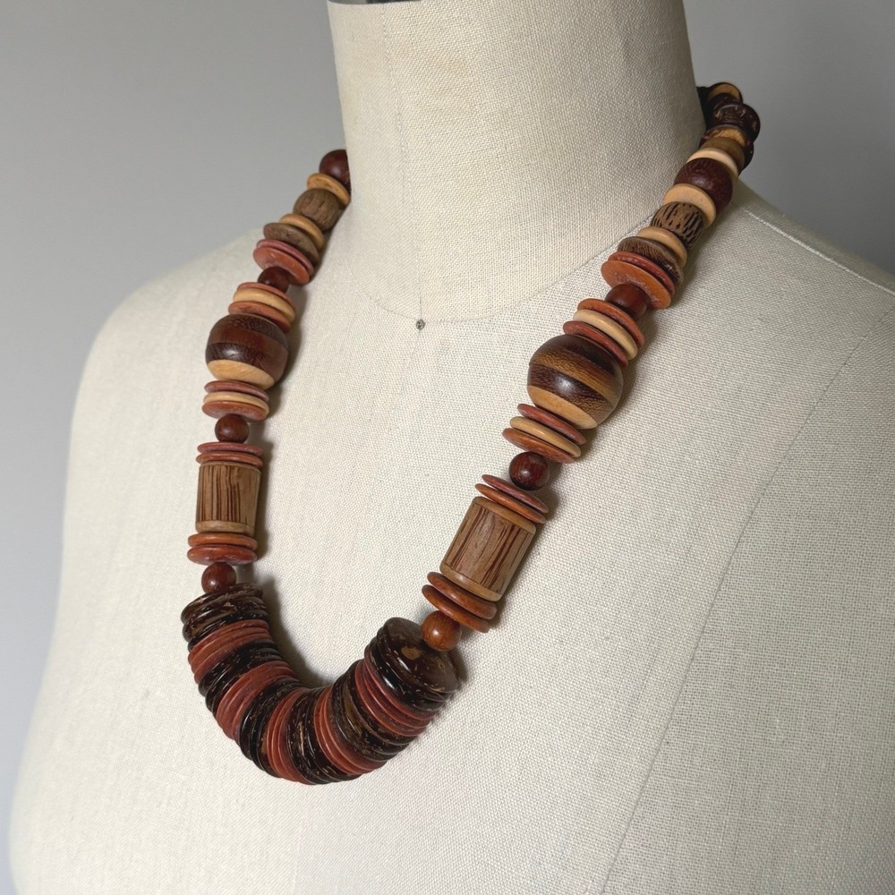 Vintage Chunky Wooden Bead Statement Necklace Brown Boho Earth Tone‎ Handcrafted